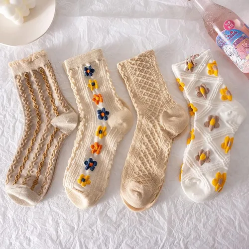 Vista 16 de Juego de 6 pares de calcetines de algodón transpirables de punto floral para mujeres y niñas