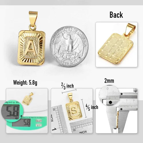 Vista 2 de Trendsmax Colgante rectangular con letra inicial para hombre y mujer, chapado en oro, cadena Rolo de 18 pulgadas
