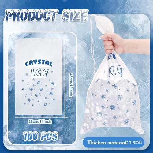 Vista 2 de Honoson 100 bolsas de plástico para almacenamiento de hielo de 8 libras con cierre de cordón de algodón para barbacoas, campamentos, puestos