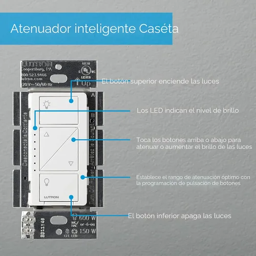 Vista 12 de Lutron Caseta - Interruptor de atenuación inteligente original con placa de pared (requiere Lutron Smart Hub), para luces LED, 150 vatios, un solo
