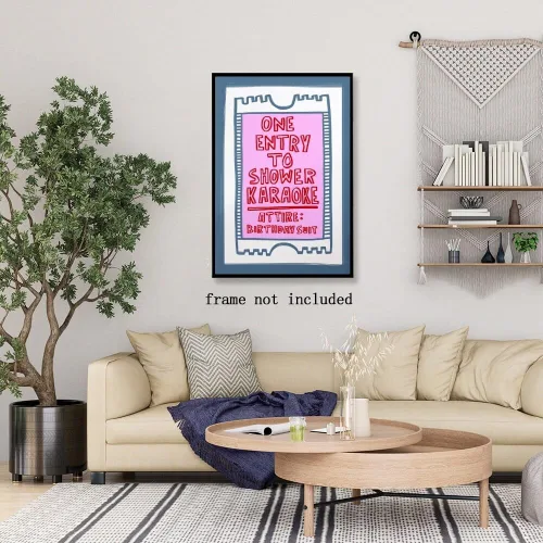 Vista 8 de Arte de pared moderno en rosa y azul con entrada a la ducha, póster de karaoke, decoración divertida para baño, señales retro para baño, decoración
