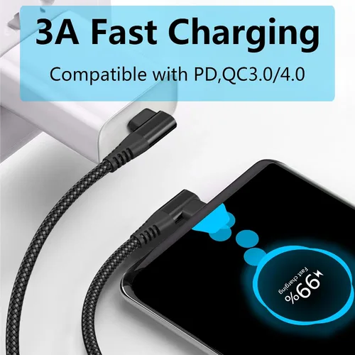 Vista 3 de Cable USB C a USB C en ángulo recto de 3.3 ft/3 pies, 90 grados, 60 W, PD tipo C, cable trenzado de nailon de carga rápida y transmisión de datos