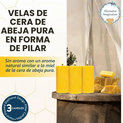 Vista 2 de Velas de pilar de cera de abeja 100% pura de alta calidad, paquete de 3, 2 Amarillo