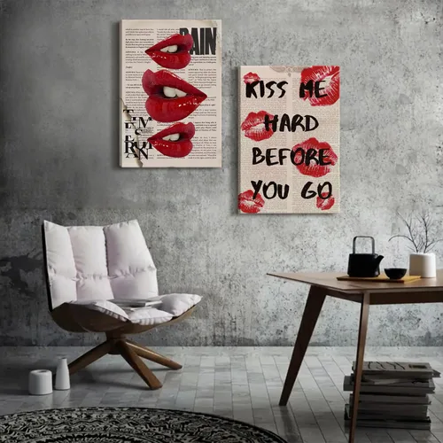 Vista 3 de 2 piezas de lienzo enmarcado, arte de pared, decoración de pared de moda preparada, pósteres de labios rojos funky, impresiones de cuadros
