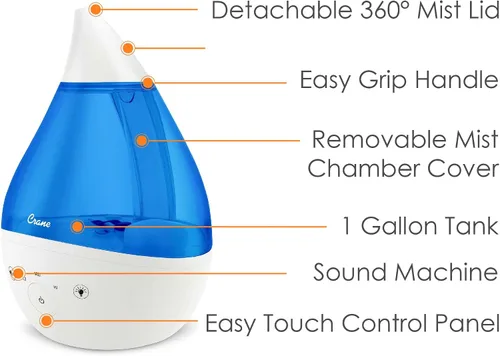 Vista 3 de Crane Humidificador ultrasónico de niebla fría 4 en 1 Drop 2.0 con máquina de sonido, luz nocturna, bandeja de aroma, relleno superior de 1 galón