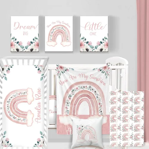 Vista 19 de Juego de ropa de cama personalizado para cuna de bebé, juego de 5 piezas para cuna de bebé, diseño de arco iris y diseño de arco iris, manta de bebé