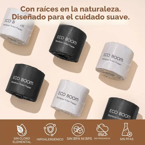 Vista 5 de ECO BOOM Papel higiénico de bambú sin blanquear, 100% libre de deforestación y sin plástico, 3 capas resistentes, certificado FSC, sin fragancia, 9