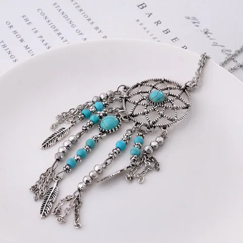 Vista 3 de Lureme Collar atrapa sueños con cadena larga turquesa nativo de Estados Unidos (01003467)