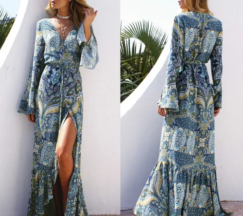 Vista 2 de R.Vivimos - Maxi vestido de manga larga para mujer, ideal para el verano.