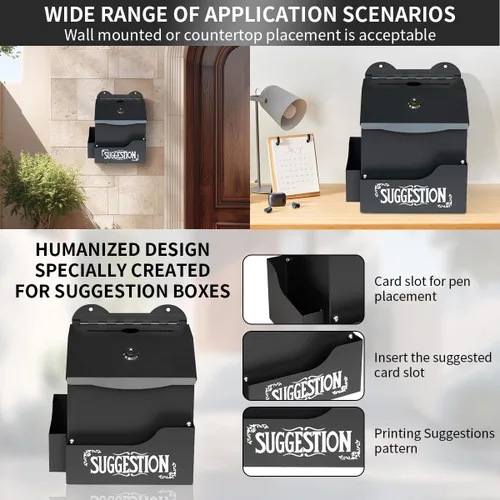 Vista 5 de Ydocabinit Caja de sugerencias de metal con letras de sugerencias, montaje en pared y mesa con soporte para bolígrafo con candado, 50 tarjetas