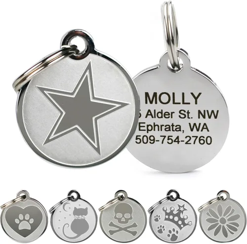 Vista 9 de Placas personalizables para mascotas, de acero inoxidable, para perros y gatos. Grabado personalizable con cuatro líneas de texto, elegante