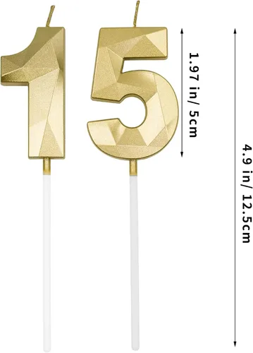 Vista 2 de Velas de cumpleaños número 15 y 51 para pastel, velas doradas con forma de diamante 3D con forma de diamante, decoraciones de cumpleaños