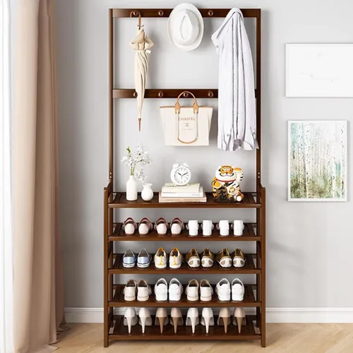 Vista 9 de Bamboo Clothes Rack, Clothing Rack with Bottom Shelves and Hook, Freestanding Garment Racks, Open Coat Racks for Hallway Brown