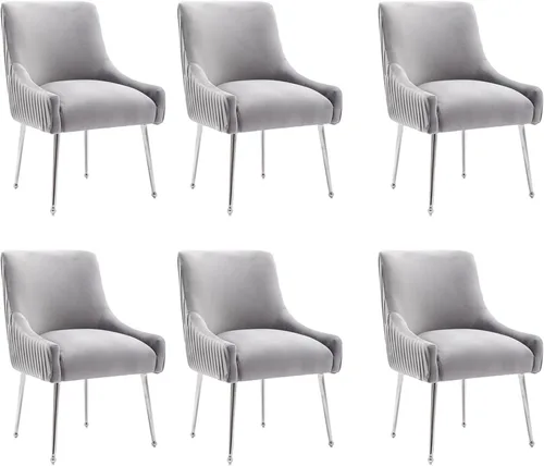 Vista 18 de Sillas de comedor de estilo moderno de terciopelo tapizado, silla de acento de tocador con barra vertical, silla capitonada con patas plateadas