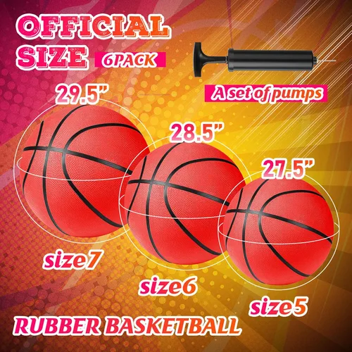 Vista 2 de HyDren Paquete de 6 pelotas de baloncesto de goma de tamaño oficial con bomba a granel para niños, jóvenes, adultos, pelotas de canasta