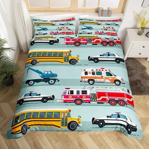 Vista 16 de Erosebridal Juego de funda de edredón de tren de dibujos animados para niños, color rojo y azul, funda de edredón de vehículos para niños