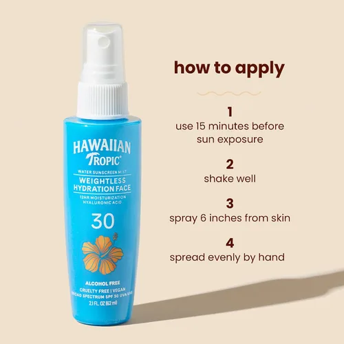 Vista 5 de Hawaiian Tropic Bruma de agua de hidratación sin peso para rostro SPF 30, 2.1 onzas líquidas, spray hidratante de niebla facial SPF