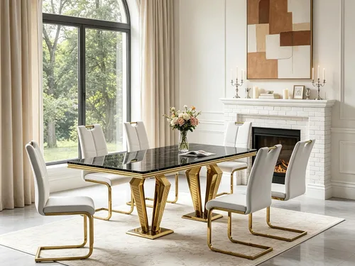 Vista 12 de 5 Piece Black Marble Dining Table Set for 4, Modern Faux Marble Kitchen Dining Room Tables with 4 Leather Chairs Set, 68.11" Luxury Rectangular