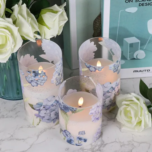 Vista 3 de Hydrangea Glass Flameless Candles Batttery Operated Remote Timer 1-Hydrangea Blue