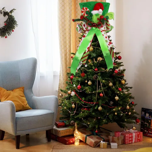 Vista 6 de Lordaeron - Gorro de adorno para árbol de Navidad, sombrero grande de terciopelo verde con lazo alargado, decoraciones de árbol de Navidad, adornos