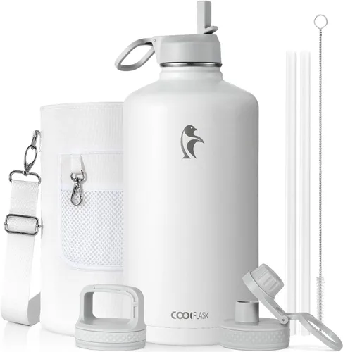 Vista 30 de Coolflask Botella de agua de 24 onzas aislada con pajilla, 3 tapas de metal de acero inoxidable, botella de agua de boca ancha para deportes u
