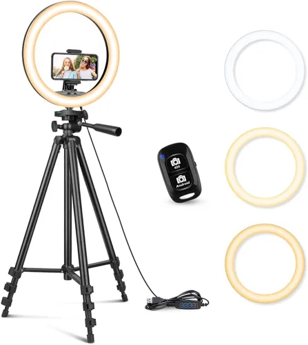 Vista 8 de SENSYNE - Anillo de luz de 10 pulgadas con soporte de trípode extensible de 50 pulgadas, luces circulares LED con soporte para teléfono