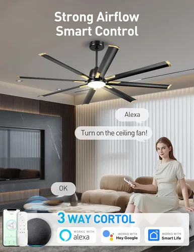 Vista 2 de Minislak Ventilador de techo de 72 pulgadas con luz, ventilador de techo industrial con 8 aspas de aluminio, ventilador inteligente negro dorado