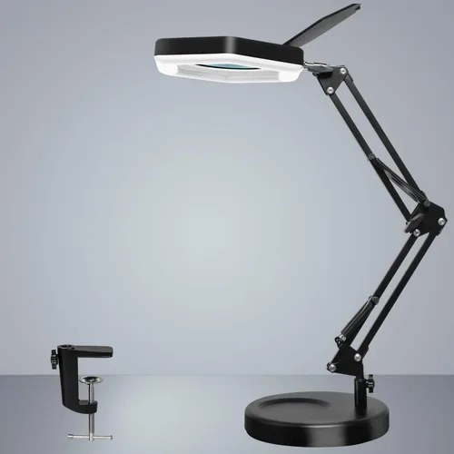 Vista 2 de Lupa con luz y soporte, lámpara de escritorio con lupa LED regulable con abrazadera, 3 modos de color, luces de aumento manos libres para trabajo