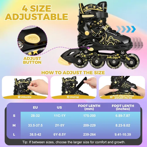 Vista 2 de Patines en línea para niñas y niños con ruedas iluminadas, patines de hoja ajustable, estrella de purpurina degradada con forro cómodo transpirable