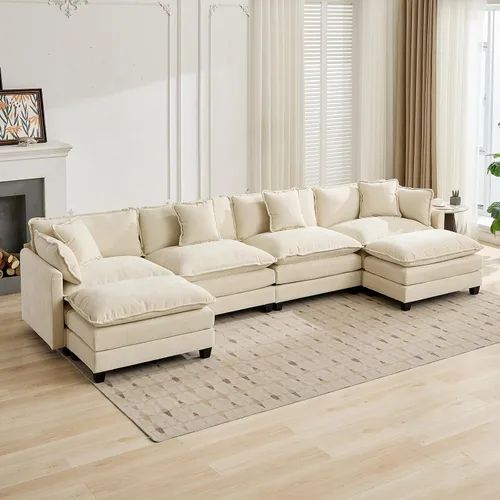 Vista 30 de Sofá seccional modular verde de 111.5", sofás seccionales grandes de 3 plazas para sala de estar, sofá nube oversized de tela chenille con otomana