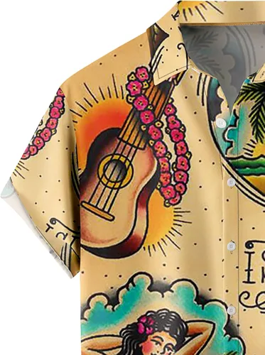 Vista 3 de Camisas tropicales con botones para hombre, camisas hawaianas de manga corta, casuales para vacaciones, camisas de playa holgadas Beige-playa escena