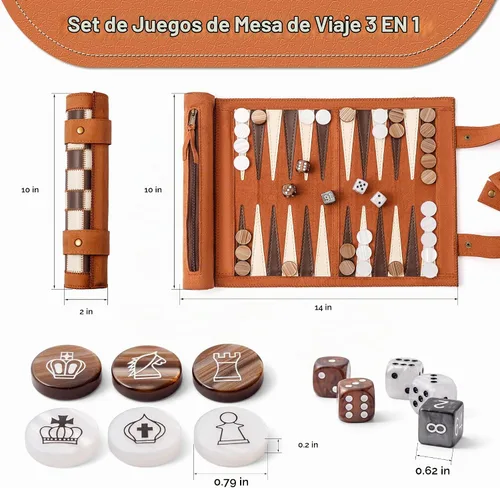 Vista 2 de Woodronic Juego de damas de backgammon de ajedrez de viaje 3 en 1, juego de backgammon de cuero enrollable con 32 piezas de perlas premium y 5 Marrón