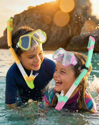 Vista 7 de Greatever Snorkeling Gear for Kids, Dry Snorkel Set Panoramic View Snorkel Mask, Anti-Fog Scuba Diving Mask for Kids Youth Age 6-14, Unisex Swimming