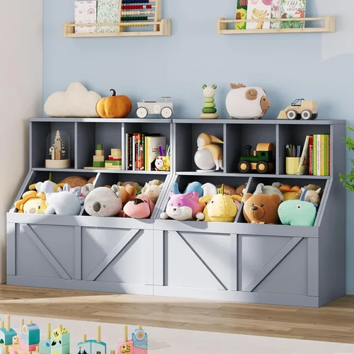 Vista 14 de Estantería y almacenamiento de juguetes para niños, organizador de Blanco antiguo