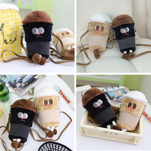 Vista 6 de Bolso cruzado de felpa para niñas, monederos de felpa, monederos kawaii, bolso de hombro para mujer, regalos de cumpleaños, café