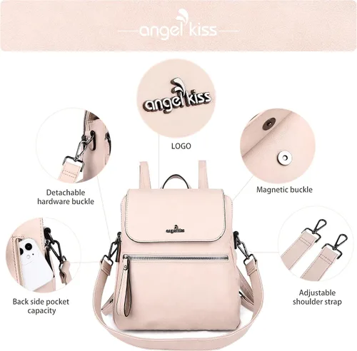 Vista 3 de Angel Kiss Backpack Purse for Women Casual Fashion Vegan Leather Shoulder Bag Ladies Zipper Magnetic Flap Backpack