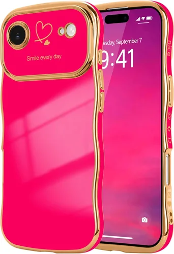 Vista 28 de LCHULLE - Funda para iPhone Air, linda para mujeres y niñas, con forma de onda, color azul bebé Luxury Plating Curly Wavy Frame with Love Heart