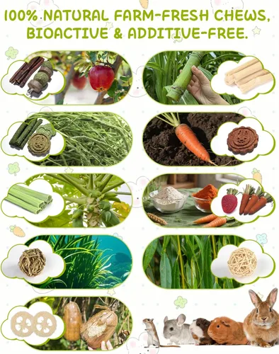 Vista 3 de 40 juguetes masticables de conejo para dientes, juguetes naturales para masticar, zanahoria, fresa, pastel de hierba Timothy, bambú dulce, palitos