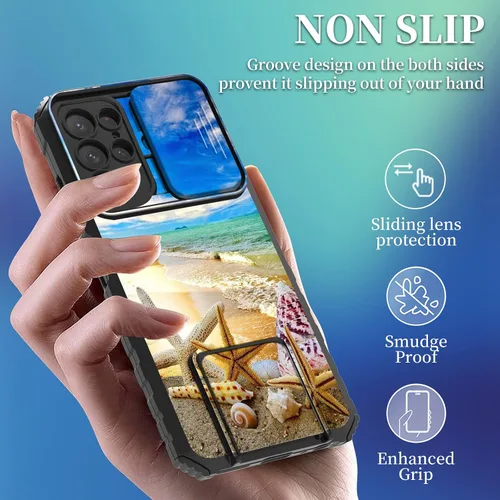 Vista 5 de FUYOCWE Funda para Samsung Galaxy S22 Ultra con cubierta para cámara deslizante, resistente Defender Kickstand Protector de lente de cámara Funda