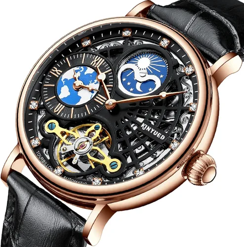 Vista 2 de IK COLOURING Tourbillon - Reloj de pulsera mecánico automático de esqueleto de lujo para hombre, con frase lunar, manecillas luminosas, reloj