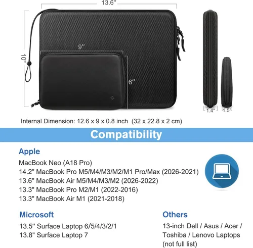 Vista 2 de FINPAC Funda rígida para laptop con funda para accesorios compatible con MacBook Neo (A18 Pro), MacBook M5/M4/M3/M2 de 13 pulgadas (2026-2022)