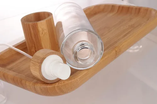 Vista 8 de COSIDEA Botella de spray de vidrio transparente con tapa de bambú vacía de 4 oz/4.1 fl oz con cabezal de despenser de niebla fina para recipientes