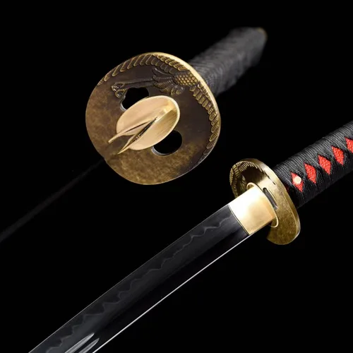 Vista 2 de OYZ - Espada Katana de samurái japonesa, templada en arcilla, acero T10, Choji Hamon real, espada con Tsuba, hoja afilada, espada completa hecha a