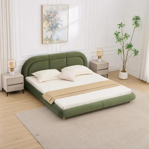 Vista 22 de Cama de Plataforma Tapizada con Forma Curva con Cabecera de Forma Curva, Marco de Cama de Madera Tamaño Full para Dormitorio de Niños y Adultos