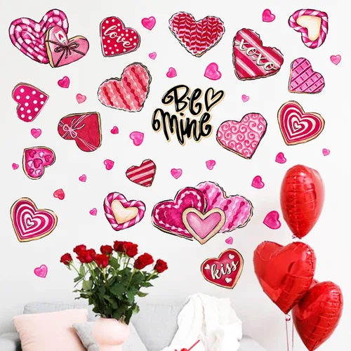 Vista 3 de Yovkky Calcomanías de pared de corazón para el día de San Valentín, diseño de corazones rosados y rojos, diseño de lunares, decoración