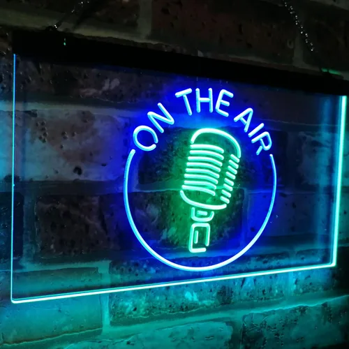 Vista 42 de ADVPRO - cartel de neón para estudio de grabación, LED, con micrófono y rótulo «On the air» azul y Red