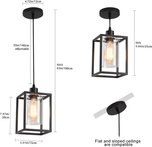 Vista 3 de Luces colgantes negras para isla de cocina, lámpara colgante de farol industrial con pantalla de vidrio transparente, iluminación colgante de altura