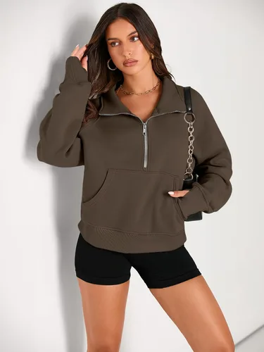 Vista 2 de AUTOMET Sudaderas con media cremallera para mujer, sudadera corta de vellón con cremallera de un cuarto, sudaderas con capucha para el otoño, a