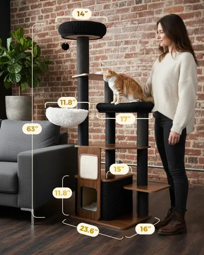 Vista 9 de Árbol de gato resistente de 63 pulgadas para gatos de interior, torre resistente para gatos grandes con poste rascador, percha superior de felpa