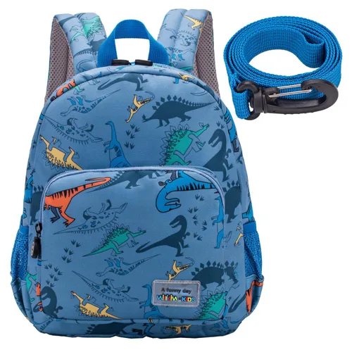 Vista 10 de willikiva Mochila de dinosaurio 3D para niños y niñas, mochila impermeable con arnés de seguridad preescolar (azul oscuro)